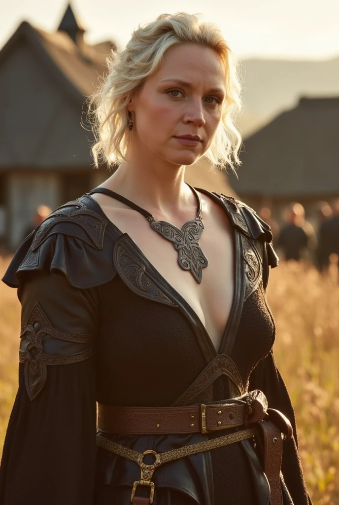 Masterpiece, a beautiful Viking woman, ((Marilyn Monroe:Michelle Pfeiffer:0.5)), (high detail plunging Celtic gown), (large breasts), (perfect body), (blonde matted hair), (short hairstyle), outside,barefoot (skin texture:1.1), best quality, ultra high res, Raw photo, Nikon D850, backlight, rimlight, bright sunlight, film grain:1.2, (warm hue, warm tone:1.2), (color photo), fantasy Viking village background