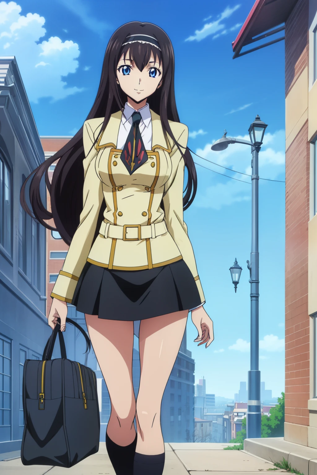 from side, 1 girl, cute, black hair, long hair, ((hair band)), (smile), (School Uniform, black skirt, knee socks), (Walking with a student bag), (walking the route to the school), (anime cels style, Masterpiece, best quality, high resolution, anime colored, megami magazine:1.2, anime poster style, anime keyvisual, sharp, 8k, photorealistic), beautiful blue eyes, (perfect anatomy, perfect finger, perfect leg)