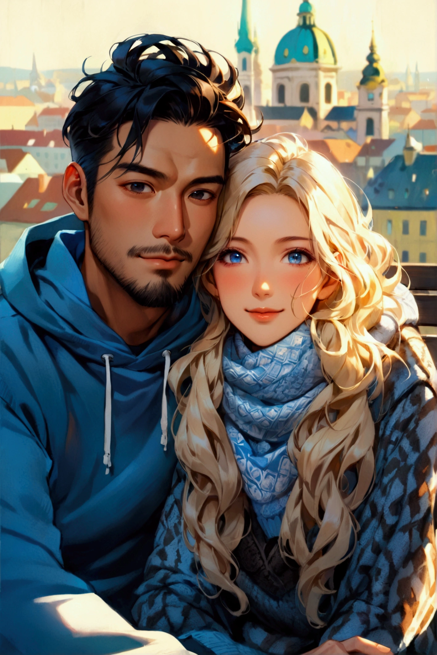 Portray a full-body shot of an international couple sitting arm in arm on a bench set against the majestic urban landscape of Vienna, Austria on background. The couple features an Asian man in his thirties and a white European woman in her twenties. The man has a strong square face, adorned with brown skin based on golden undertone, double lid downturned black eyes, low cheek bones, a prominent nose, and short coiffed black hair. He is dressed in a blue hoodie. The pretty square face of his European girlfriend is defined by wide-set eyes, high cheek bones, a prominent nose, long wavy hair and fair complexity based on cool undertone. Her blonde hair is styled in loose, gentle waves, and she wears a knitted sweater paired with a crystal print scarf. ((full shot)), ((Asian man, strong square face, black eyes)), ((European woman, blonde hair, square face, wide-set, blue eyes)), (international couple), ((wide view)), (full-body shot), highly detailed, soft lighting, smile, (front view), ((looking away)), arm in arm, affectionate vibe