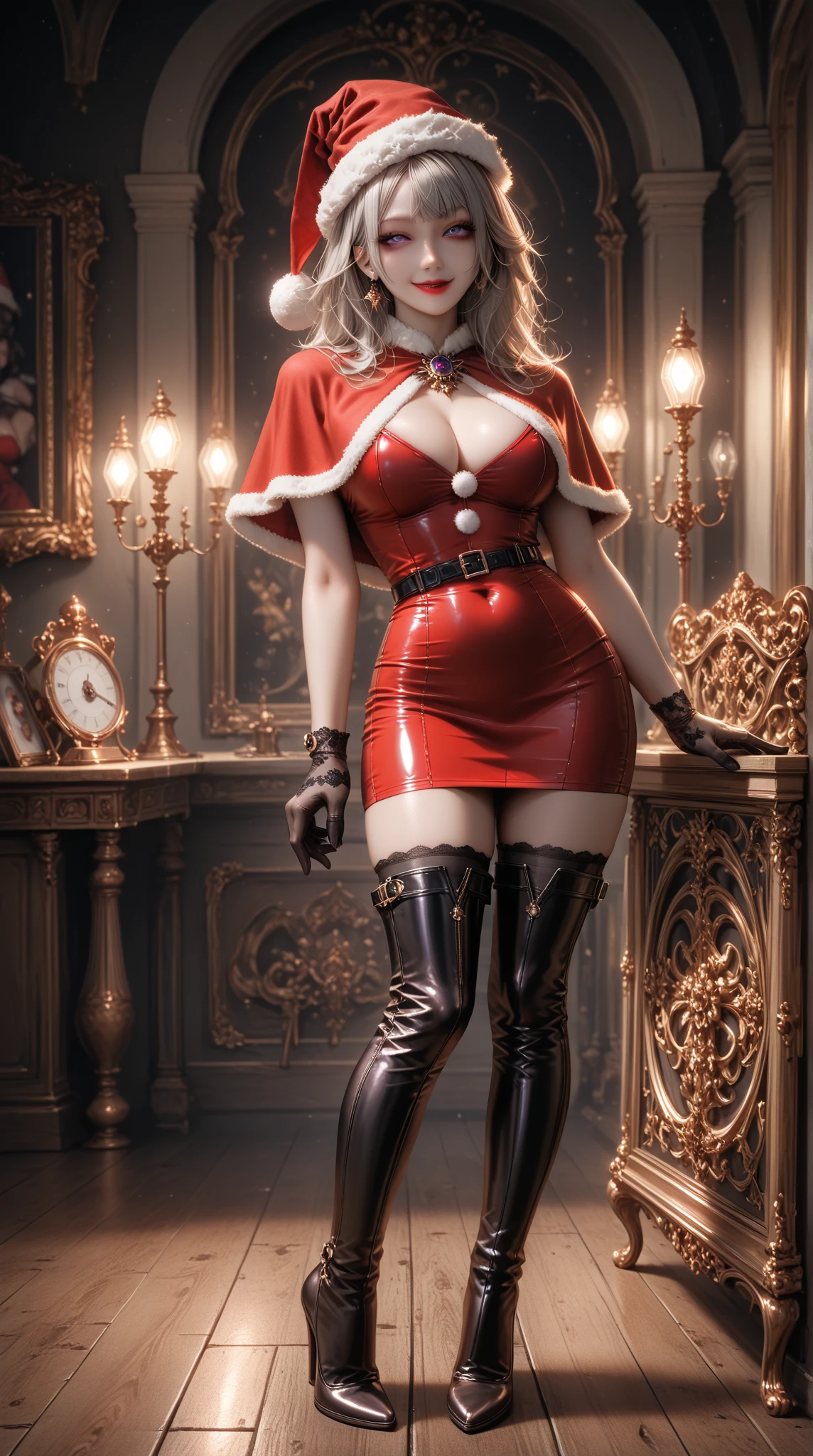  1 mature bewitching woman ,(masterpiece, top quality, very detailed depiction, Incredibly Absurd High Definition ,Curvaceous Body),(Bewitching Queen ),(red latex Santa Claus costume, red pencil skirt , Body Stocking,Santa hat,black lace gloves, luxury accessories ,A mysteriously shining jewel, black tights, high heels, thigh high boots ),(Purple Eyes, Half Closed Eyes , are opening their mouths, bewitching smile, Glossy Lipstick,Beautiful legs, healthy legs,Seductive gestures), standing:1.3, full body image :1.3,Lamplight