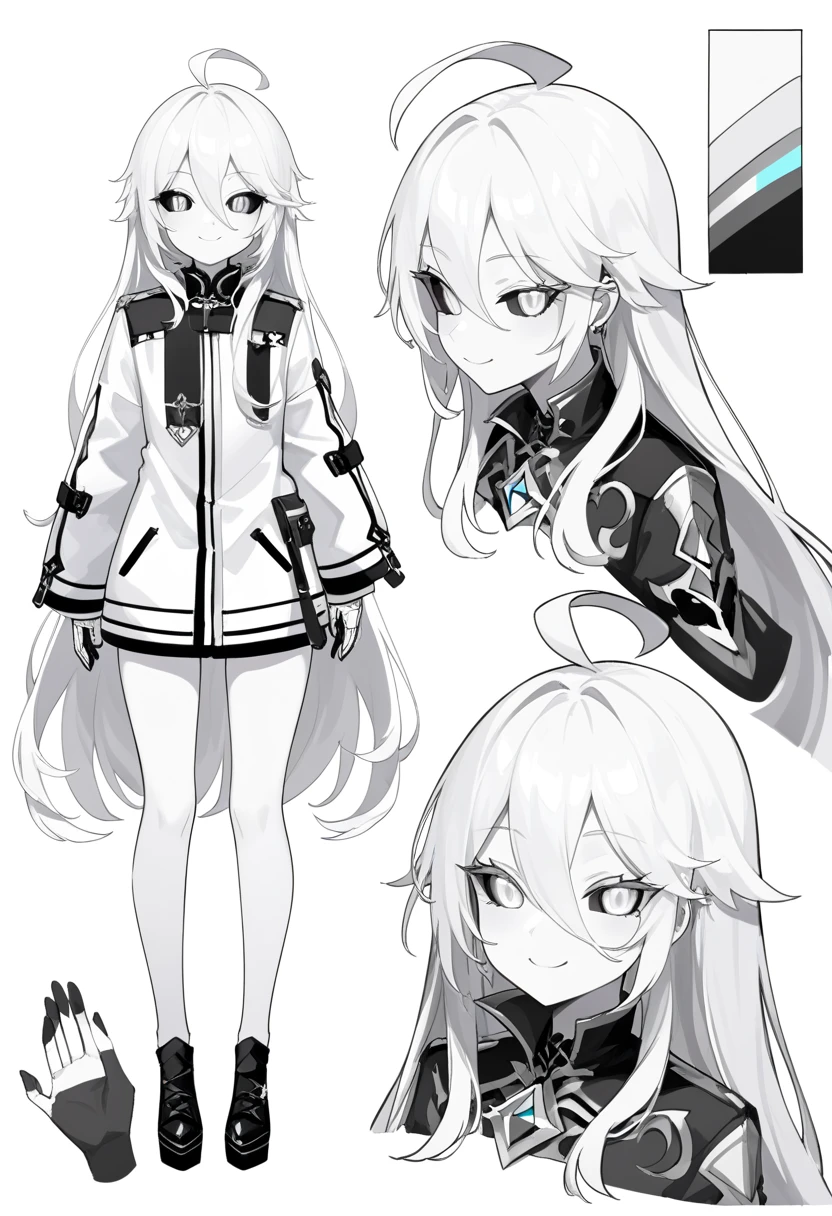 ((masterpiece)),(((best quality))),(character design sheet, same character, front, side, back), illustration, male,  big chest, feminine, white skin, white eyes, black sclera, ahoge, absurdly long hair, white hair, white gloves, hair over eyes, hair between eyes, (white jacket:1.1), Electric, energetic, mystical, playful, cute, dangerous, godlike, cute, concept art，character concept art，character sketch，Reference table，character sheet, like enitity, cute, cuddly, , small, powerful, smug, ((enigma)), confusing, eccentric, chaotic,  fansty, traveler, adventurer. nfsw, monochrome, monochromatic 