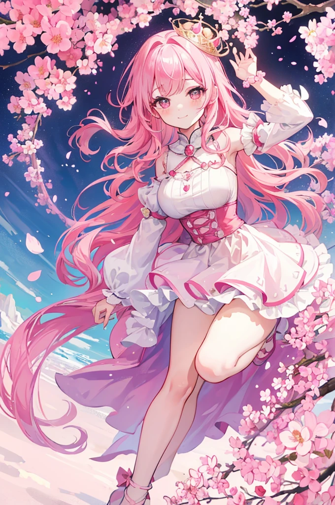 A girl standing in a field with a beautiful sky in the background. The sky is painted with shades of pink, orange, and purple, and the clouds are fluffy and white. The girl has long, flowin hair and wearing white panty. She is holding a bouquet of wildflowers in her hand and has a peaceful expression on her face.