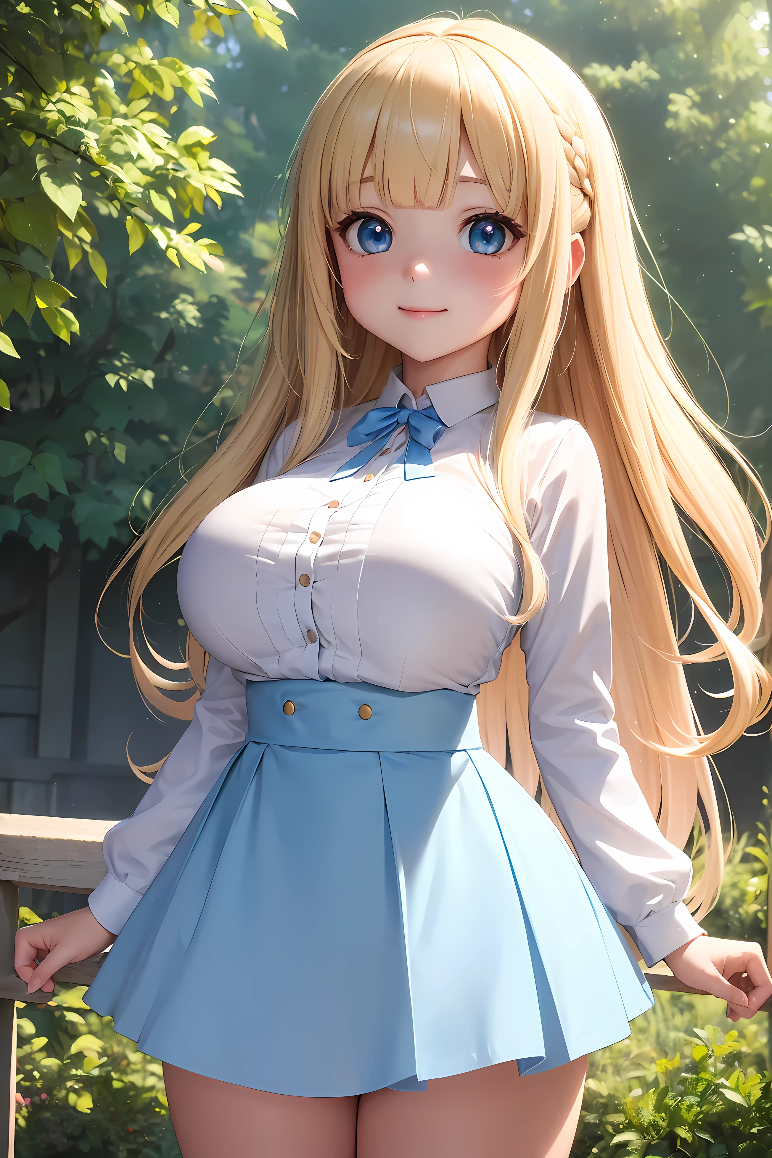 (ultra-detailed),(1 person,loli:1.5),( white blouse , Light blue suspender skirt), ( Innocent Smile ), (blunt bangs,  blonde alone,fluffy long hair ), ( Very Big Breasts:1.2),(Big thighs:1.2),garden,( Cowboy Shots),( anime style:1.5),(8k, best quality, clear,  best quality, ultra high res, super detail, accurate, high details,  highres icon,,detailed face,beautiful eyes)