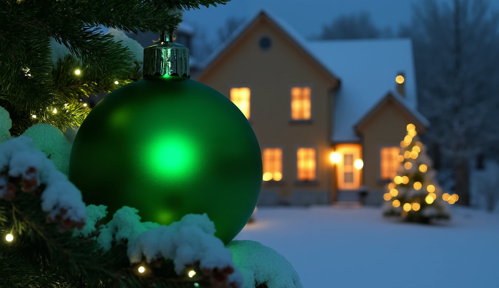 A close-up of a green Christmas ornament with some ornaments behind on a snow-covered Christmas tree, digital art by Emma Andijewska, pexels, digital art. The scene features a dark and cozy atmosphere with bokeh in the background, emitting light ornaments. The tree branches are dusted with snow, adding a wintery touch, while a softly glowing house in the background provides warmth and contrast. The ornament glows subtly, enhancing the warm and joyful holiday vibe. The atmosphere is festive and magical, with intricate bokeh details and a watermarked style, capturing the essence of the holiday season. 4k, high details, intrincated