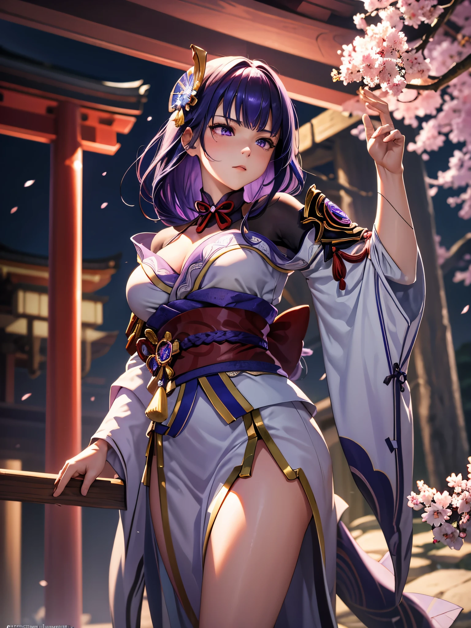 (masterpiece, finely detailed beautiful eyes: 1.2), High Contrast, pastel colour, watercolor \(Moderate\), (figure:1.2), One girl, alone, (raiden shogun:1.4), Purple Hair, Purple eyes, bangs, Braiding, Braidinged ponytail, chest, hair ornaments, kimono, kimono, sash,red sash , (detailed background:1.4), (torii:1.4), (Thighs:1.4), Volumetric lighting, hyper detailed, highly detailed, beautiful, The finer details, ultra detailed, highest quality, complicated, sharp, digital figure, detailed, complicated, 4K, 8k, Excellent anatomy, beautiful lighting, Award-winning, High resolution, (extremely detailed CG, Unity, 8k wallpaper:1.1), beautiful face, highly detailed face, Zoom out, colorful, Vibrant colors, Manicure, (shine:1.4)