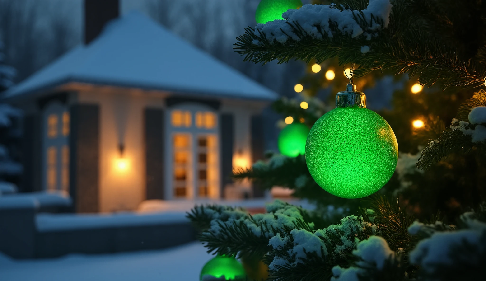 A close-up of a green Christmas ornament with some ornaments behind on a snow-covered Christmas tree, digital art by Emma Andijewska, pexels, digital art. The scene features a dark and cozy atmosphere with bokeh in the background, emitting light ornaments. The tree branches are dusted with snow, adding a wintery touch, while a softly glowing house in the background provides warmth and contrast. The ornament glows subtly, enhancing the warm and joyful holiday vibe. The atmosphere is festive and magical, with intricate bokeh details and a watermarked style, capturing the essence of the holiday season. 4k, high details, intrincated