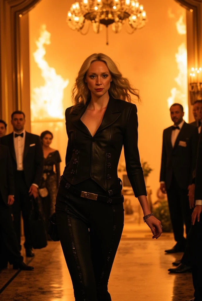 A lady in agent black sexy outfit coming out of a burning mansion while party attenders see her and a big helicopter  escaping from behind wide angle scene