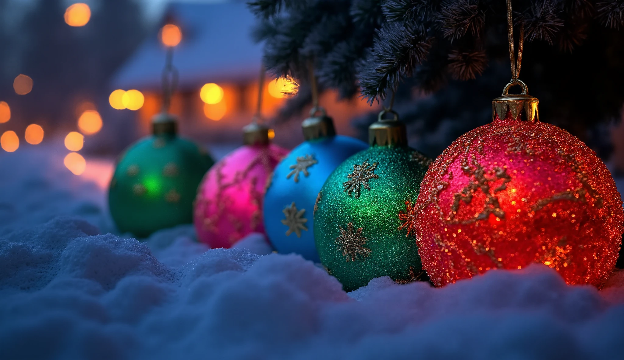 A close-up of a green Christmas ornament, a blue Christmas ornament, a pink Christmas ornament and a red Christmas ornament with some ornaments behind on a snow-covered Christmas tree, digital art by Emma Andijewska, pexels, digital art. The balls have intrincated details com relevos desenhados. The scene features a dark and cozy atmosphere with bokeh in the background, emitting light ornaments. The tree branches are dusted with snow, adding a wintery touch, while a softly glowing house in the background provides warmth and contrast. The ornament glows subtly, enhancing the warm and joyful holiday vibe. The atmosphere is festive and magical, with intricate bokeh details and a watermarked style, capturing the essence of the holiday season. 4k, high details, intrincated