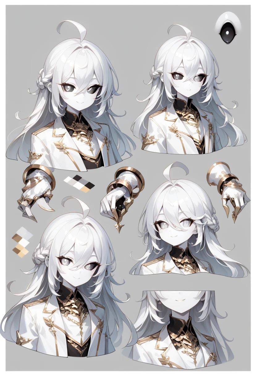 ((masterpiece)),(((best quality))),(character design sheet, same character, front, side, back), illustration, male,  big chest, feminine, white skin, white eyes, black sclera, ahoge, absurdly long hair, white hair, white gloves, hair over eyes, hair between eyes, (white jacket:1.1), Electric, energetic, mystical, playful, cute, dangerous, godlike, cute, concept art，character concept art，character sketch，Reference table，character sheet, like enitity, cute, cuddly, , small, powerful, smug, ((enigma)), confusing, eccentric, chaotic,  fansty, traveler, adventurer. nfsw, monochrome, monochromatic 