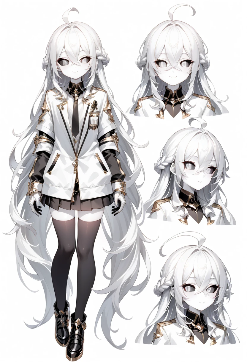 ((masterpiece)),(((best quality))),(character design sheet, same character, front, side, back), illustration, male,  big chest, feminine, white skin, white eyes, black sclera, ahoge, absurdly long hair, white hair, white gloves, hair over eyes, hair between eyes, (white jacket:1.1), Electric, energetic, mystical, playful, cute, dangerous, godlike, cute, concept art，character concept art，character sketch，Reference table，character sheet, like enitity, cute, cuddly, , small, powerful, smug, ((enigma)), confusing, eccentric, chaotic,  fansty, traveler, adventurer. nfsw, monochrome, monochromatic 