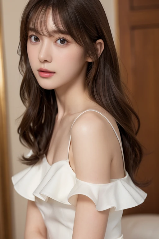 (masterpiece, ultra detailed, hyper detailed, exquisite, 16K, absurdres), woman, 19years old, glamorous, (No-makeup look:1.4), looking at viewer, medium hair, messy hair, diagonal bangs, brown hair, brown eyes, upper body, cinematic lighting, in focus with blurred background, balcony