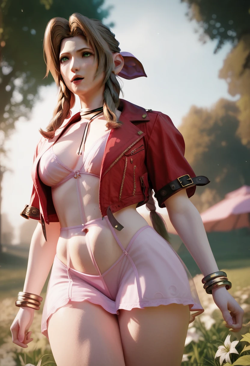 (best quality), (very aesthetic), (ultra-detailed), (best illustration),Aerith in a sexy underwear ,Trembling with pleasure, Masturbating while standing, Outdoors behind a sunset