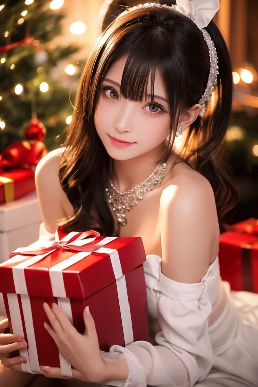 クリスマス,サンタクロース,1girl,sexy pose,gift box,party room,beautiful detailed eyes,glowing eyes,high quality,master piece,nsfw:1.5