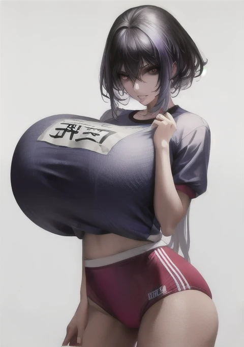 red eyes,
evil smile,
(gym uniform:1.28),
lady,mature female, cowboy shot,
(white background, simple background:1.18),
highres,official art,original,masterpiece,best quality,
(large breasts),
 