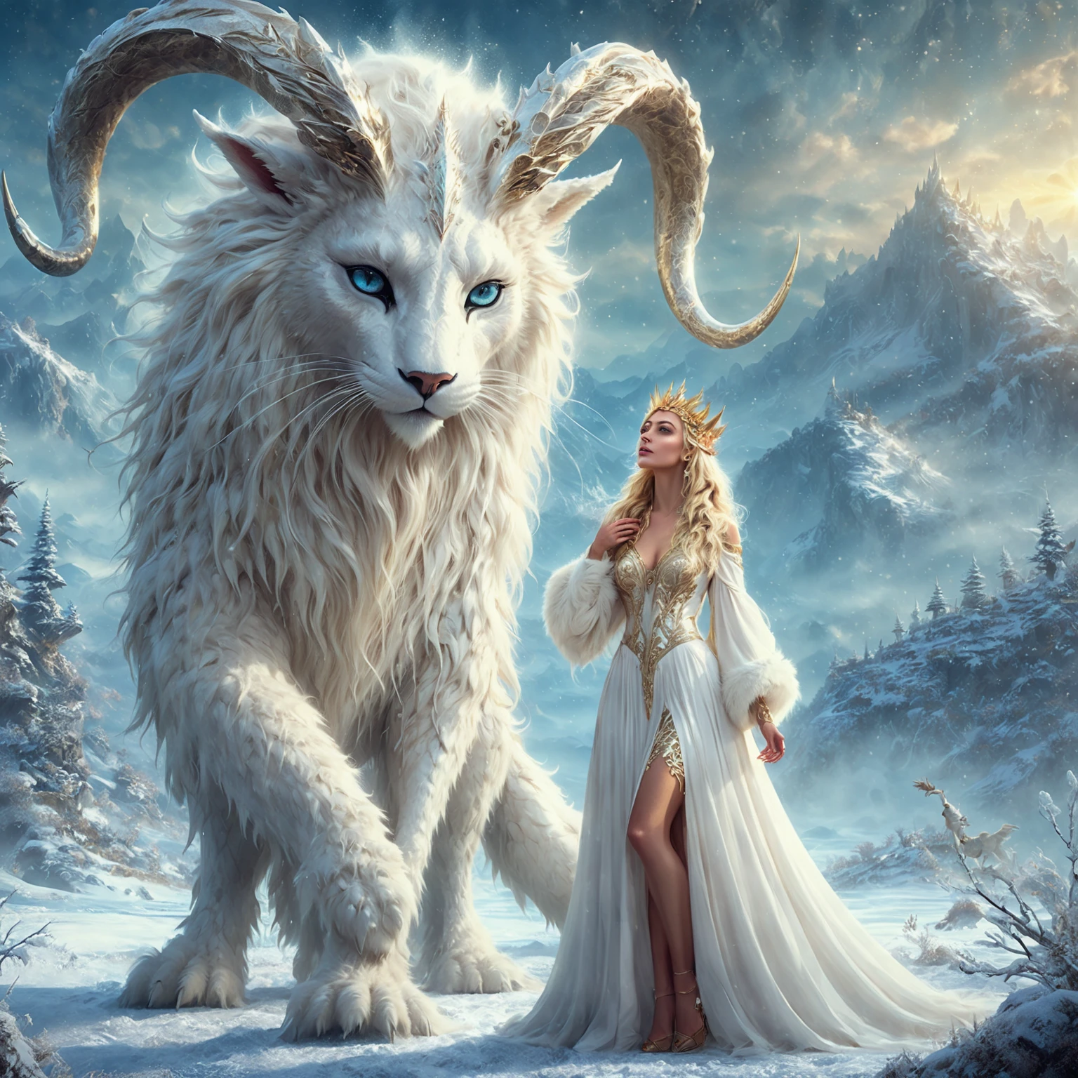 Stunning fantasy art portrait of a young blonde caucasian woman wearing a golden crown in a long white dress standing in front of a tall, large cat-like creature with large horns and long, thick white fur, they appear to be interacting, the background is a snowy plain with a misty mountain view, vibrant, photorealistic, ultra high definition, 32K.