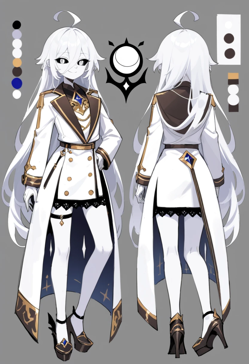 ((masterpiece)),(((best quality))),(character design sheet, same character, front, side, back), illustration, male,  big chest, feminine, white skin, white eyes, black sclera, ahoge, absurdly long hair, white hair, white gloves, hair over eyes, hair between eyes, (white jacket:1.1), Electric, energetic, mystical, playful, cute, dangerous, godlike, cute, concept art，character concept art，character sketch，Reference table，character sheet, like enitity, cute, cuddly, , small, powerful, smug, ((enigma)), confusing, eccentric, chaotic,  fansty, traveler, adventurer. nfsw.