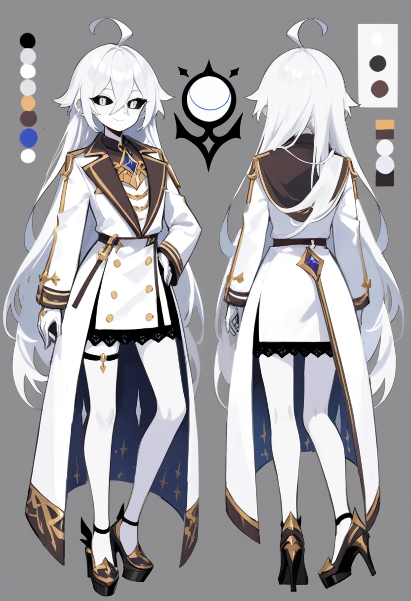 ((masterpiece)),(((best quality))),(character design sheet, same character, front, side, back), illustration, male,  big chest, feminine, white skin, white eyes, black sclera, ahoge, absurdly long hair, white hair, white gloves, hair over eyes, hair between eyes, (white jacket:1.1), Electric, energetic, mystical, playful, cute, dangerous, godlike, cute, concept art，character concept art，character sketch，Reference table，character sheet, like enitity, cute, cuddly, , small, powerful, smug, ((enigma)), confusing, eccentric, chaotic,  fansty, traveler, adventurer. nfsw.