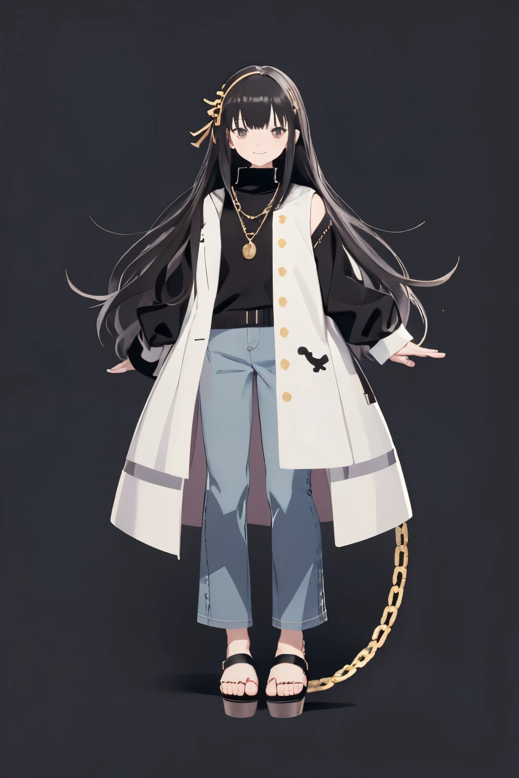  super high resolution, snort,  Best Aesthetics , forehead、 Bangs in the middle、 Feet High Quality , Open your arms, Small character Detective Keira Rexanne Giles,  She has long black hair in the middle,  gray eyes , Smile, Wave,  white background ,  Her Grey Jeans , Black Sleeveless Turtleneck Tee 、 Flat Avatar ,  Cute Girl Anime Vision , Lovely art style, Small,  anime style,  long hair, laughter, Hair accessories, Simple background, Gold Chain Necklace ,  Black Sleeveless Turtleneck Sweater , Side lock,  Big Oval Eyes , black denim 、 I Can See Your Forehead 、White Platform Sandals 
