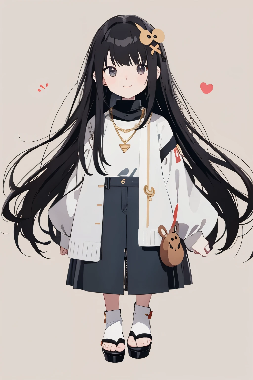  super high resolution, snort,  Best Aesthetics , forehead、 Bangs in the middle、 Feet High Quality , Open your arms, Small character Detective Keira Rexanne Giles,  She has long black hair in the middle,  gray eyes , Smile, Wave,  white background ,  Her Grey Jeans , Black Sleeveless Turtleneck Tee 、 Flat Avatar ,  Cute Girl Anime Vision , Lovely art style, Small,  anime style,  long hair, laughter, Hair accessories, Simple background, Gold Chain Necklace ,  Black Sleeveless Turtleneck Sweater , Side lock,  Big Oval Eyes , black denim 、 I Can See Your Forehead 、White Platform Sandals 
