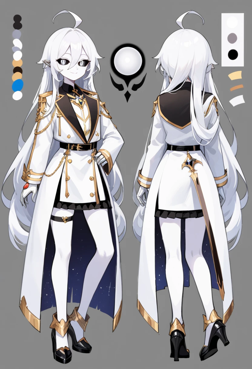 ((masterpiece)),(((best quality))),(character design sheet, same character, front, side, back), illustration, male,  big chest, feminine, white skin, white eyes, black sclera, ahoge, absurdly long hair, white hair, white gloves, hair over eyes, hair between eyes, (white jacket:1.1), Electric, energetic, mystical, playful, cute, dangerous, godlike, cute, concept art，character concept art，character sketch，Reference table，character sheet, like enitity, cute, cuddly, , small, powerful, smug, ((enigma)), confusing, eccentric, chaotic,  fansty, traveler, adventurer. nfsw.