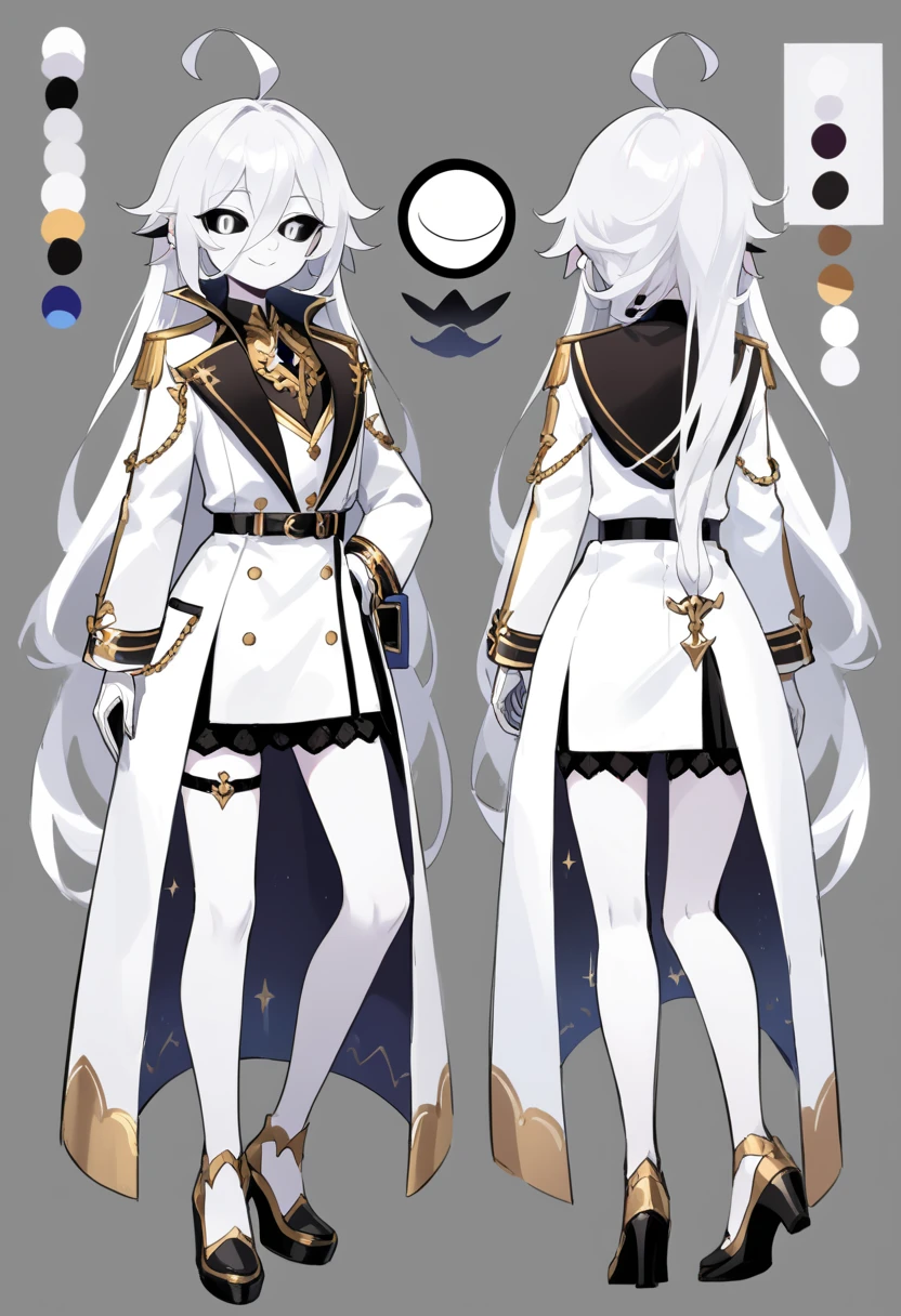 ((masterpiece)),(((best quality))),(character design sheet, same character, front, side, back), illustration, male,  big chest, feminine, white skin, white eyes, black sclera, ahoge, absurdly long hair, white hair, white gloves, hair over eyes, hair between eyes, (white jacket:1.1), Electric, energetic, mystical, playful, cute, dangerous, godlike, cute, concept art，character concept art，character sketch，Reference table，character sheet, like enitity, cute, cuddly, , small, powerful, smug, ((enigma)), confusing, eccentric, chaotic,  fansty, traveler, adventurer. nfsw.