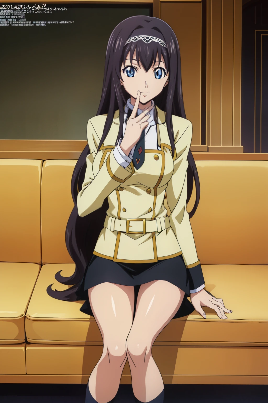 from side, 1 girl, cute, black hair, long hair, ((hair band)), (smile), (School Uniform, black skirt, knee socks), (sitting on sofa at the guest room), (anime cels style, Masterpiece, best quality, high resolution, anime colored, megami magazine:1.2, anime poster style, anime keyvisual, sharp, 8k, photorealistic), beautiful blue eyes, (perfect anatomy, perfect finger, perfect leg)