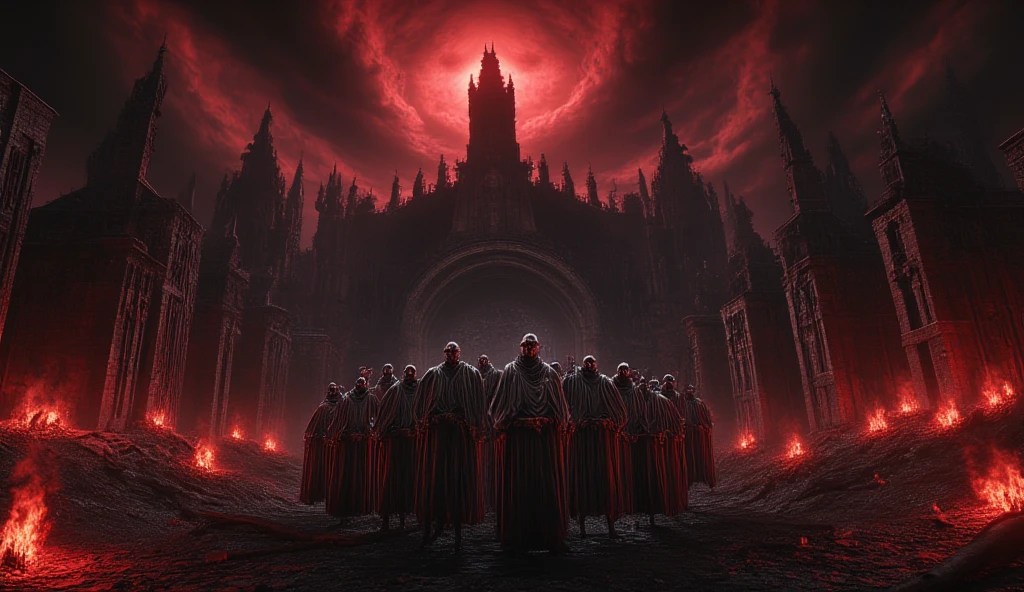 The Dark Council. A crimson sunset, scarlet clouds in a black sky. A bonfire is burning. the ruins of the city. The Gate to Hell