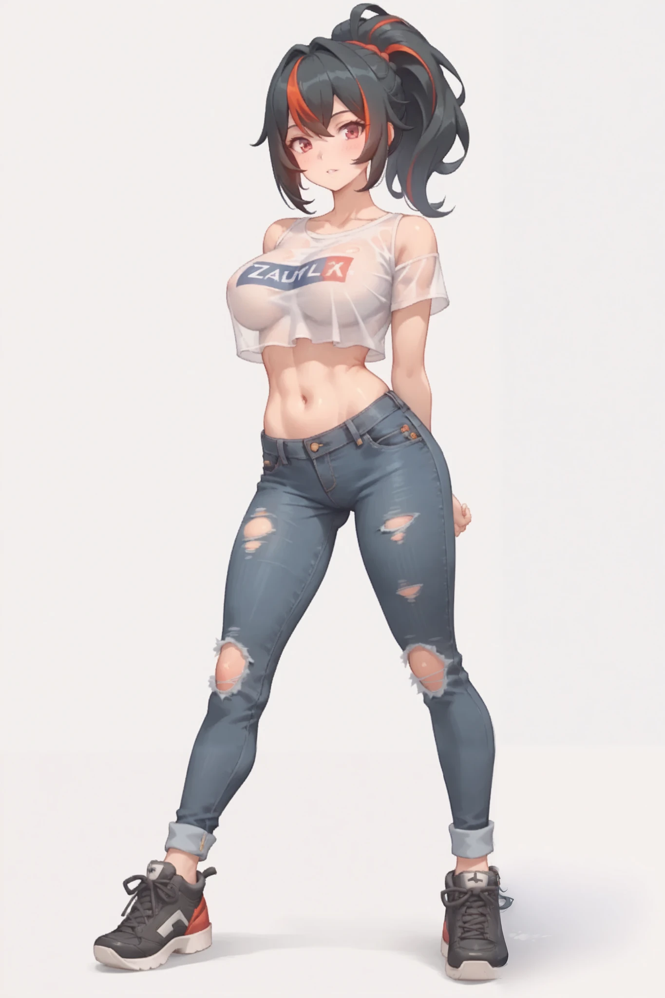 Masterpiece,8k,extfemely detailed,solo,1girl,zhu yuan,full body,slim body,long legs,large breasts ,arms behind back,ponytail streaked hair,looking at viewer,crop top ,short ripped jeans,front look,plain white background