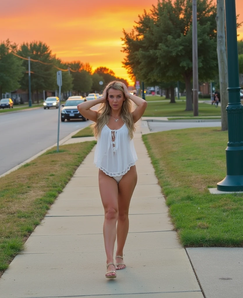 Sunset, city, mall, long blonde-haired 16-year old model in matching white boy-friend briefs and white tank top, she’s (very skinny: 1.4), 5’7”tall, 95 pounds, 30A-22-30, (fat-free body: 1.5), (muscular abs:1.0), (skinny legs: 1.5), (skinny arms: 1.4), (skinny legs: 1.5)