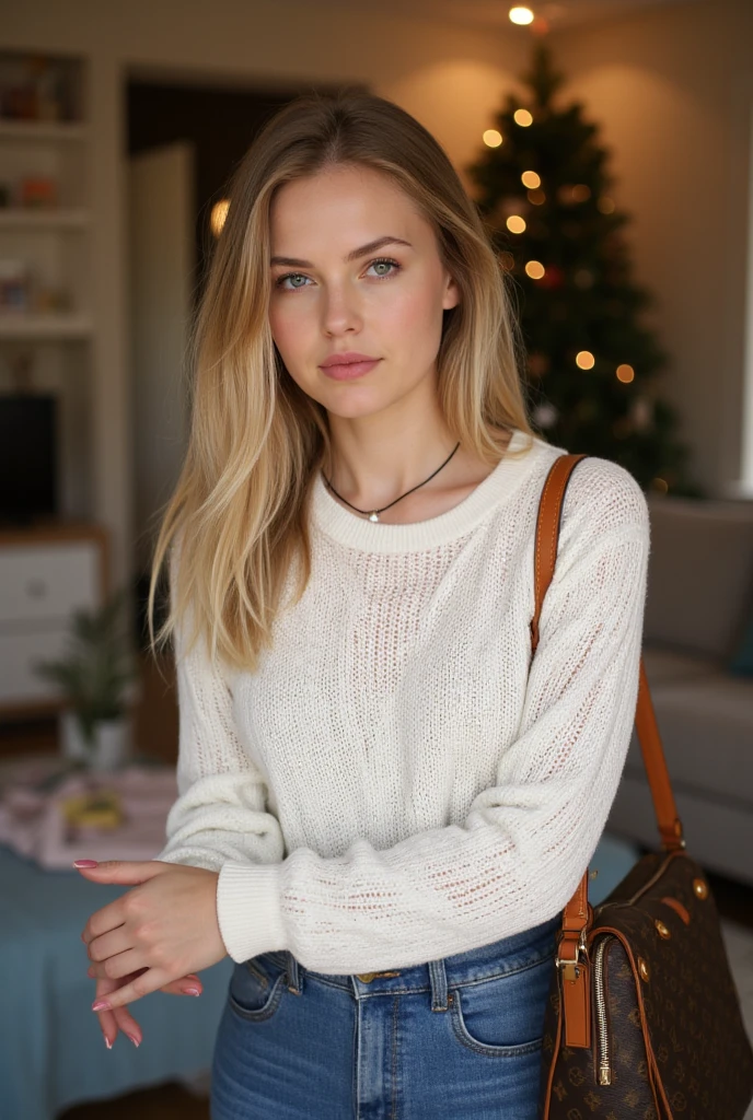 1Girl 18 years old, only, medium blonde hair, drill hair, midsize , looking at viewer, blonde hair, brown eyes, full entire body, sweater, lips, realistic, nose, flirting with the camera, perfect face, perfect body, selfie, grainy,nudy