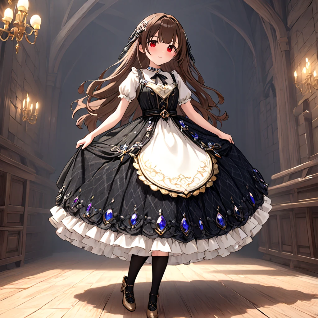 (  Highly Detailed CG Octane Rendering 8k Wallpaper ),  Girls Underwear ,   You can see real bloomers made of cotton fabric.., Medieval black crystal clear long dress 、With panniers, Fabric Realism,  low angle,   pull up the dress with your hands , Strong winds,  Clear Slips,  Clear Slips, tights,  top quality, whole body,   WHITE TOOL BELT , Silver and gold embroidery , 1 girl, red eyes,  long hair, gem,  brown hair ,