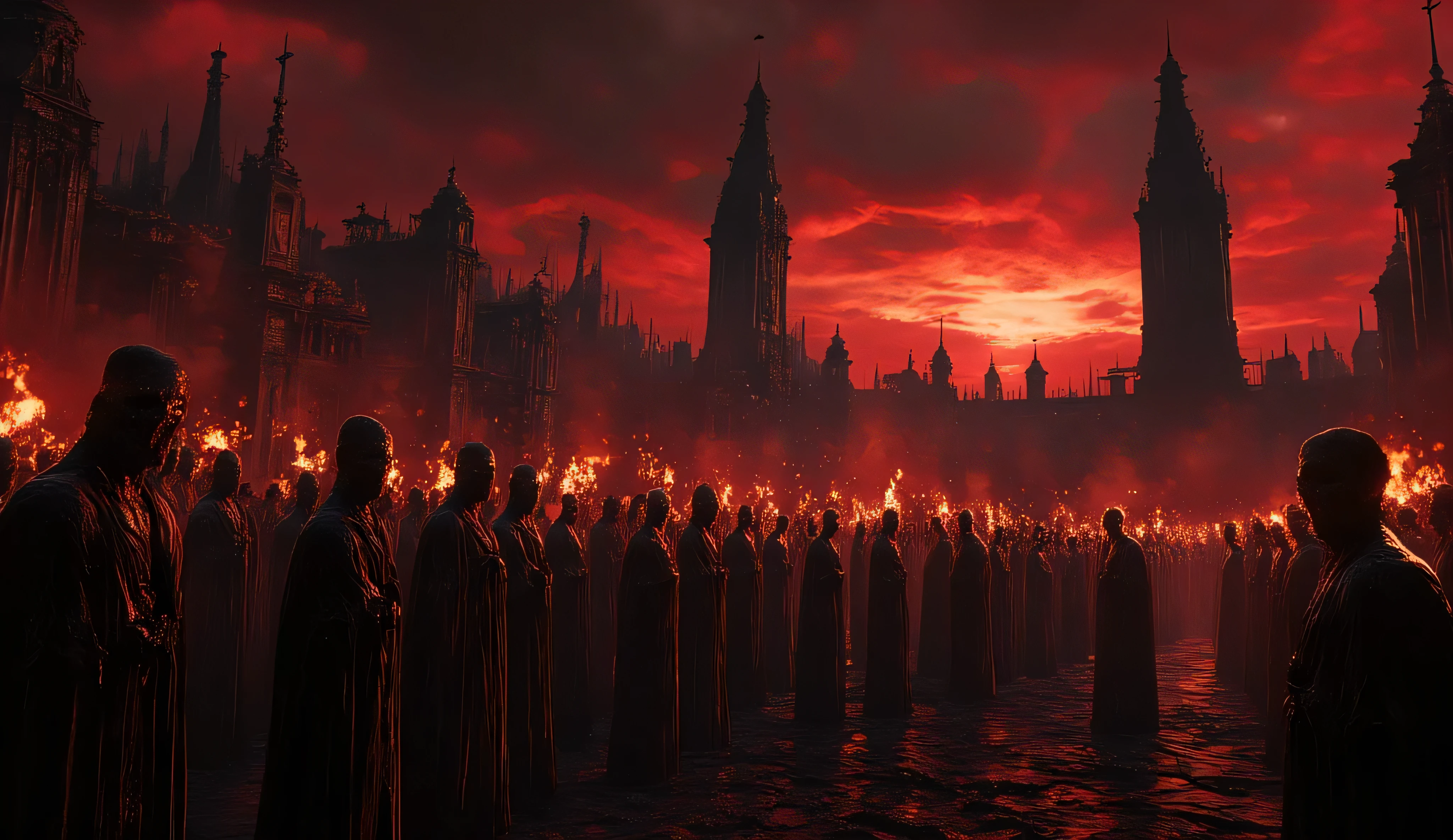 The Dark Council. A crimson sunset, scarlet clouds in a black sky. A bonfire is burning. the ruins of the city. The Gate to Hell