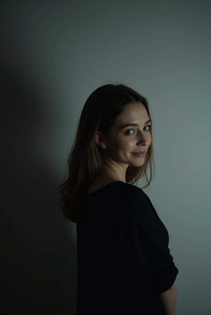 21 years girl, brown hair, smile, skinny face, white wall, no decoration, looking smiling in front of camera, photo from behind, at night, dark mood