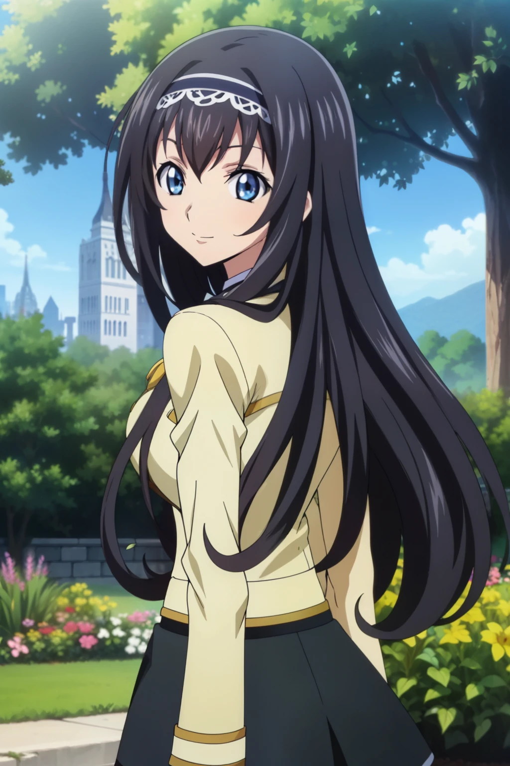  1 girl, cute, black hair, long hair, ((hair band)), (smile), (School Uniform, black skirt), (looking back), (In the garden), (anime cels style, Masterpiece, best quality, high resolution, anime colored, megami magazine:1.2, anime poster style, anime keyvisual, sharp, 8k, photorealistic), beautiful blue eyes, (perfect anatomy, beautiful face)