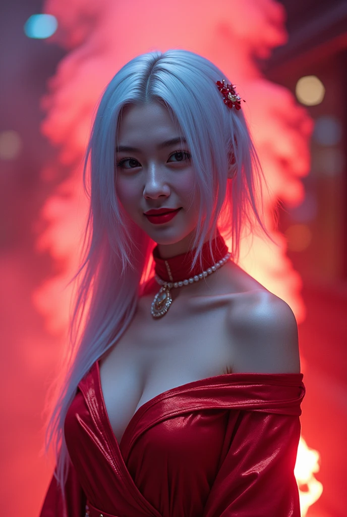 (Masterpiece, highest quality, ultra-detailed, 16K, high contrast, HDR, vibrant color, RAW photo, (photorealistic:1.2), beautiful and aesthetic), cinematic lighting, medium breasts, tall and slim body, (((Genshin Impact, Ayaka, ayakadef, long pale white blue hair))), glowing hair, looking at the viewer, futuristic, elegant, glowing, magical, scenic, landscape, iconic, Japanese ancient streets, torii, bonsai forest, scifi, neotokyo, (yinyangtech, yinyang, water flow), midjourney, close up portrait ((( ,lit by a red glow, a haunting yet colorful majestic smoke atmosphere.)) pale skin, ((happy smile)) , (((gigantic boobs,deep cleavage cutouts,, wide hip,hourglass body,tall girl)))