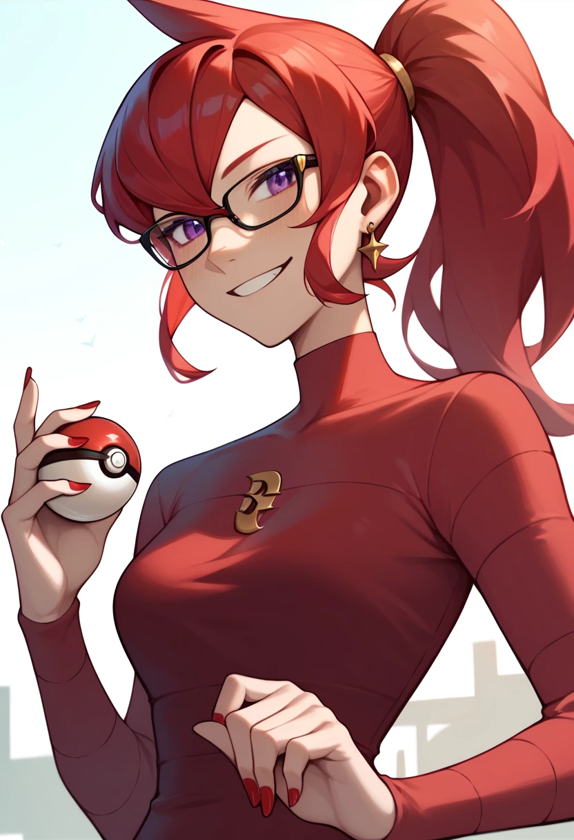 Mars, red nails, glasses, smiling, red hair, red & purple and red shirt, holding a pokeball, ponytail hairstyle, purple eyes, gold earings