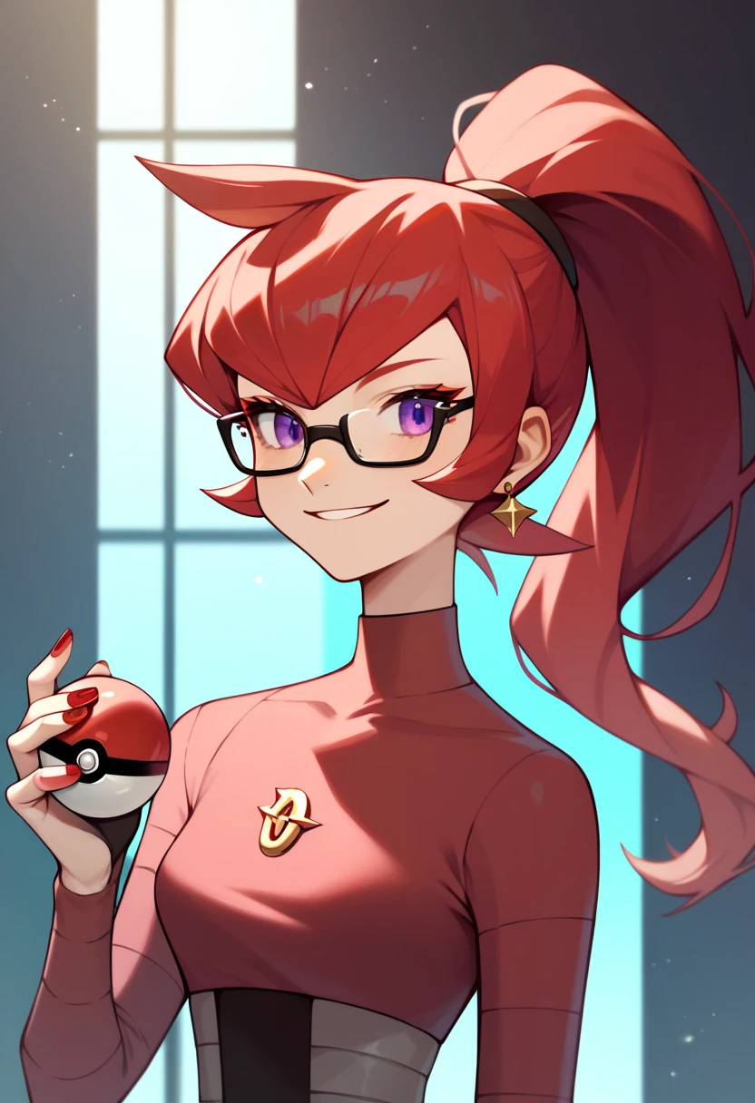 Mars, red nails, glasses, smiling, red hair, red & purple and red shirt, holding a pokeball, ponytail hairstyle, purple eyes, gold earings