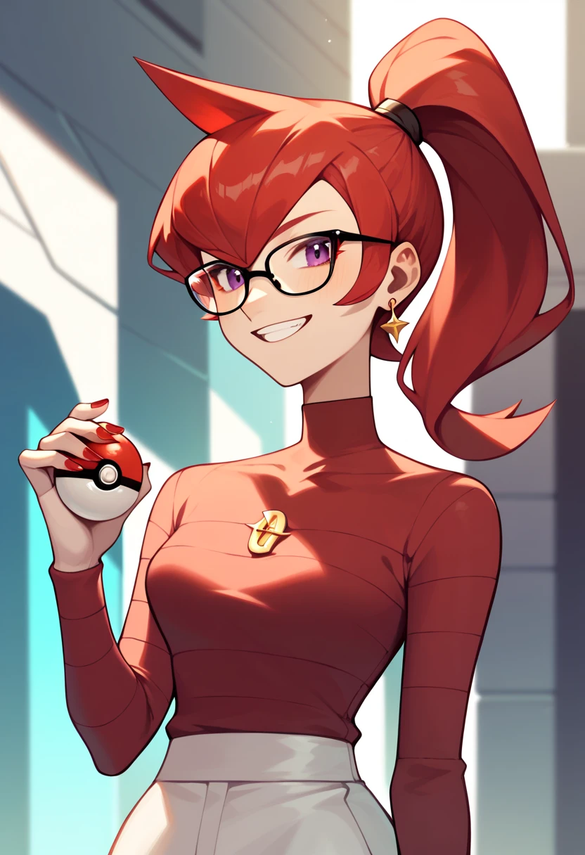 Mars, red nails, glasses, smiling, red hair, red & purple and red shirt, holding a pokeball, ponytail hairstyle, purple eyes, gold earings