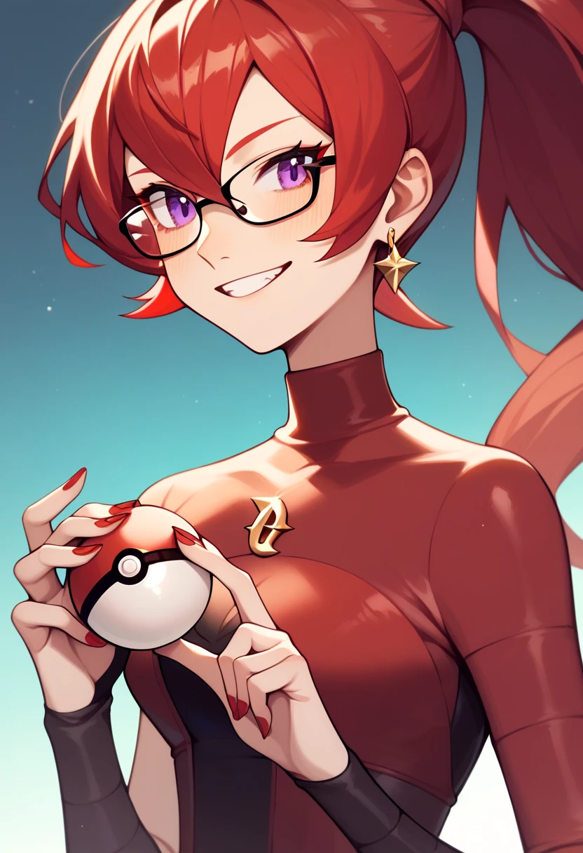 Mars, red nails, glasses, smiling, red hair, red & purple and red shirt, holding a pokeball, ponytail hairstyle, purple eyes, gold earings