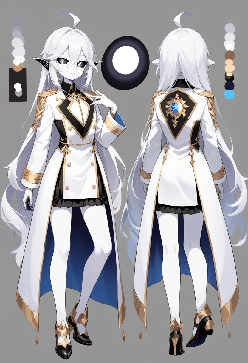 ((masterpiece)),(((best quality))),(character design sheet, same character, front, side, back), illustration, male,  big chest, feminine, white skin, white eyes, black sclera, ahoge, absurdly long hair, white hair, white gloves, hair over eyes, hair between eyes, (white jacket:1.1), Electric, energetic, mystical, playful, cute, dangerous, godlike, cute, concept art，character concept art，character sketch，Reference table，character sheet, like enitity, cute, cuddly, , small, powerful, smug, ((enigma)), confusing, eccentric, chaotic,  fansty, traveler, adventurer. nfsw.