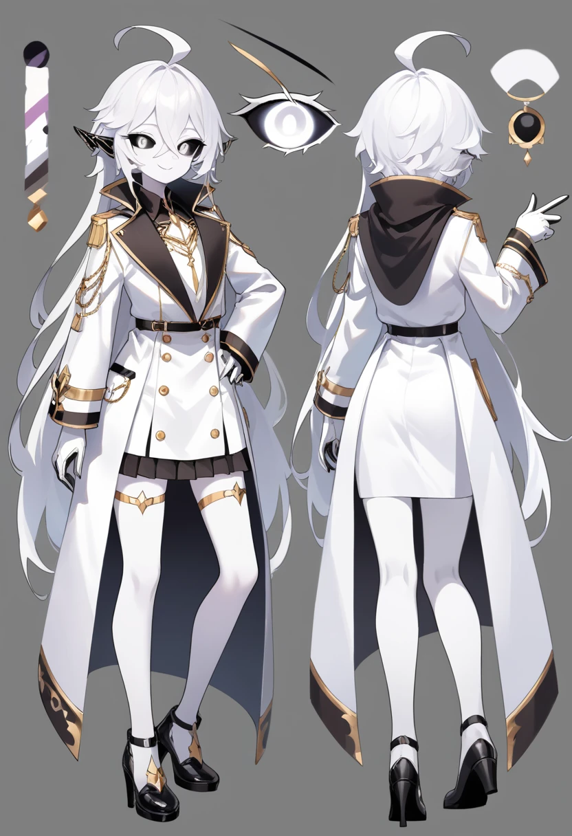 ((masterpiece)),(((best quality))),(character design sheet, same character, front, side, back), illustration, male,  big chest, feminine, white skin, white eyes, black sclera, ahoge, absurdly long hair, white hair, white gloves, hair over eyes, hair between eyes, (white jacket:1.1), Electric, energetic, mystical, playful, cute, dangerous, godlike, cute, concept art，character concept art，character sketch，Reference table，character sheet, like enitity, cute, cuddly, , small, powerful, smug, ((enigma)), confusing, eccentric, chaotic,  fansty, traveler, adventurer. nfsw.