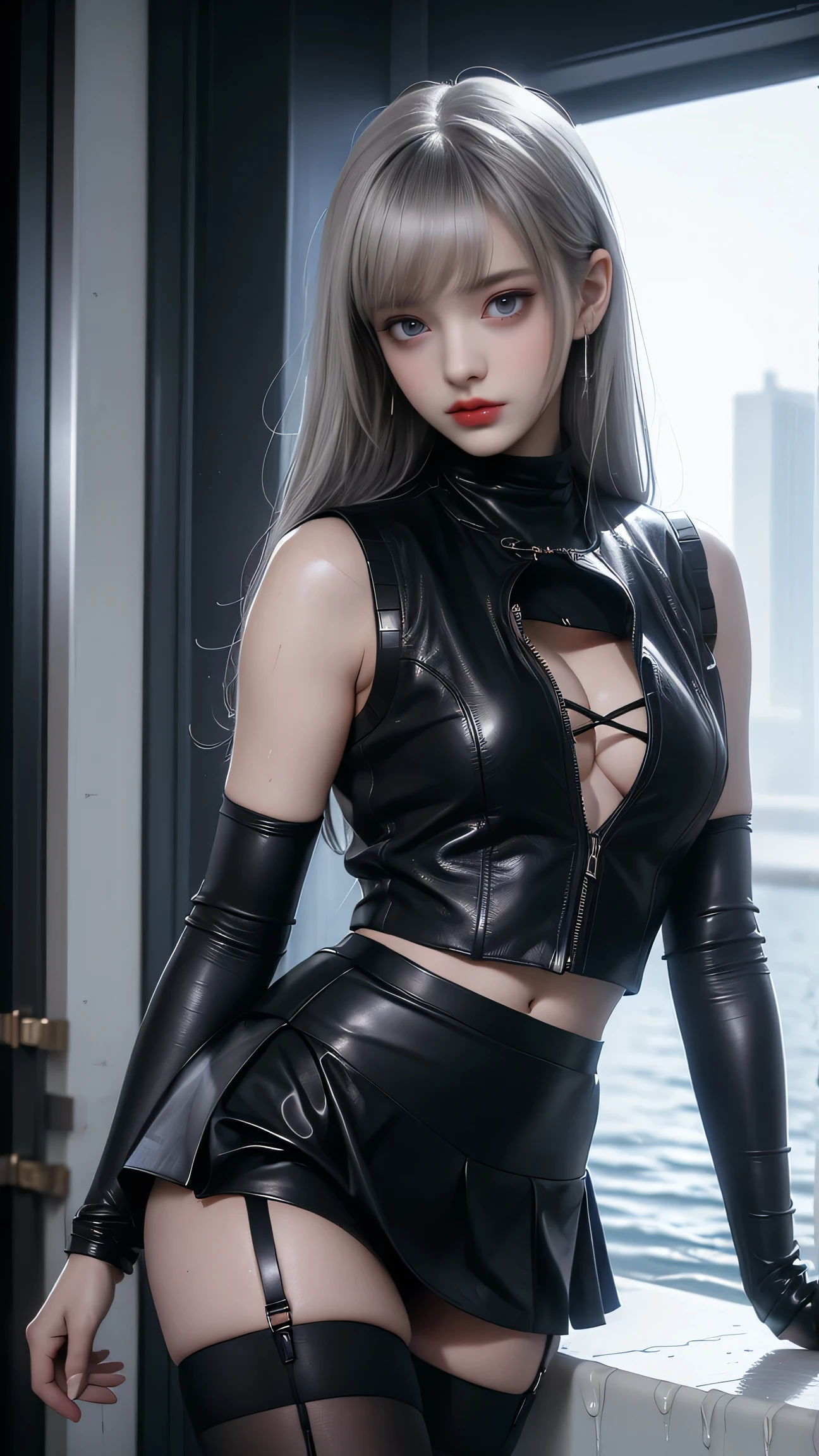 Angry face, BDSM, slave, rubber, black corset, bondage, collar, NSFW, ((best quality, 8k, masterpiece: 1.3))), clear focus: 1.2, (layer cut, large: 1.2), beauty with perfect figure: 1.4, slender abs: 1.2, wet body: 1.5, highly detailed face and skin texture, detailed eyes, double eyelids, gray hair, full nudity, uncovered, large breasts