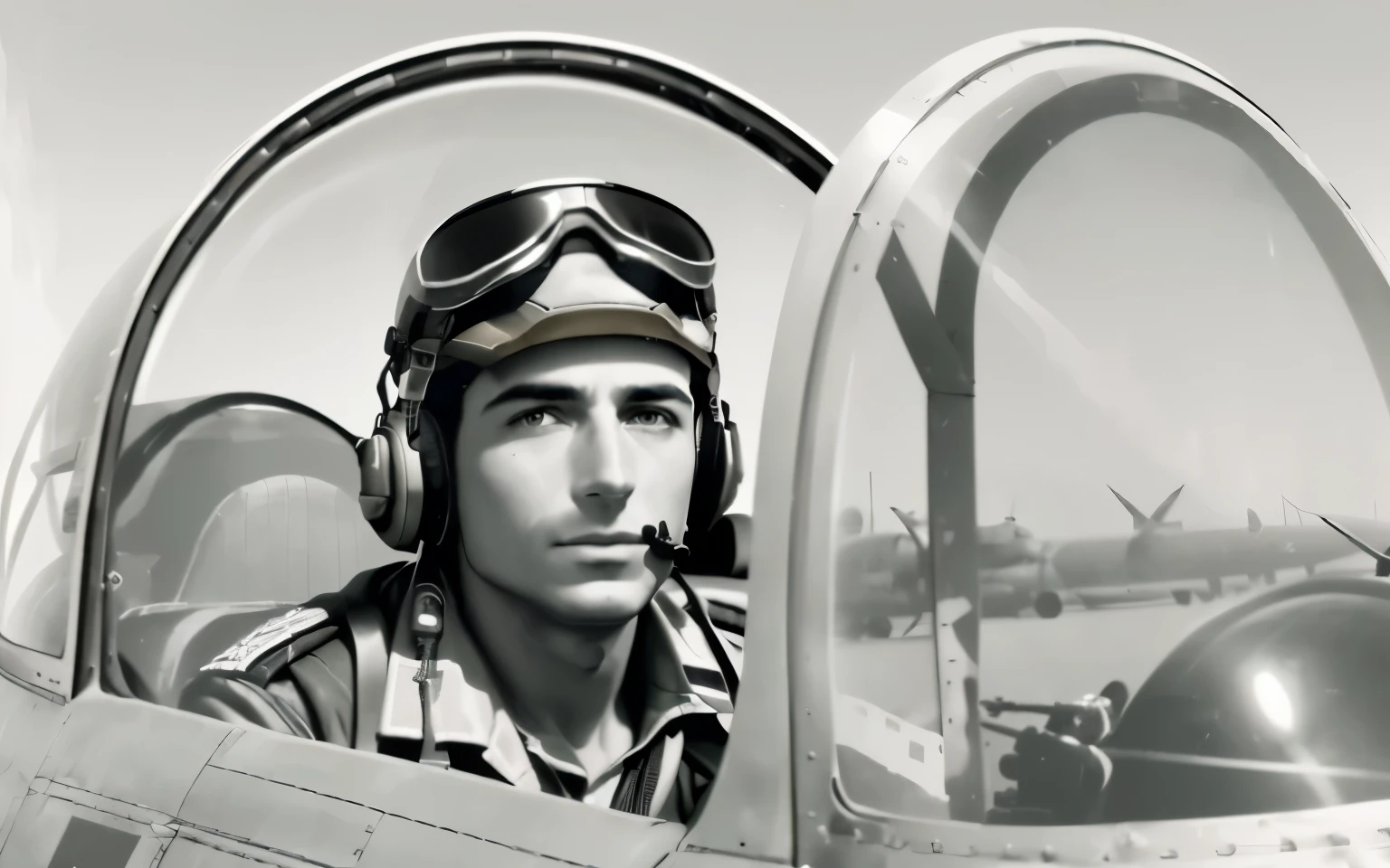 a painting of a pilot in a cockpit with a helmet and goggles on his face and a hose in his mouth, by Leiji Matsumoto