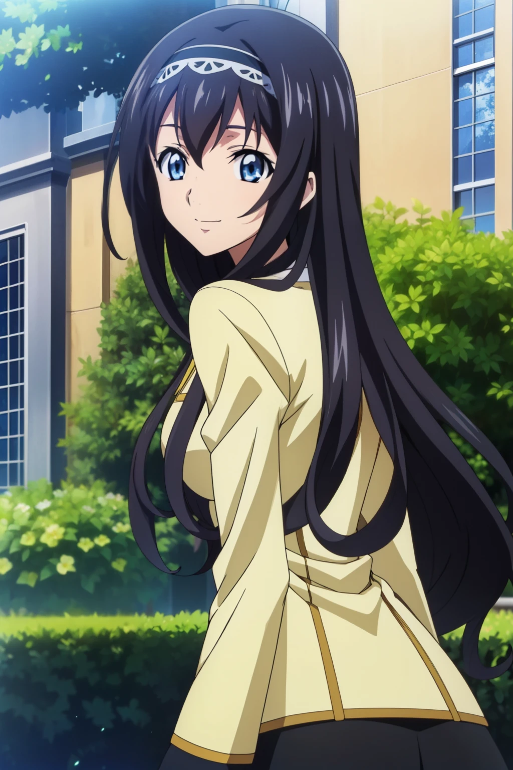  1 girl, cute, black hair, long hair, ((hair band)), (smile), (School Uniform, black skirt), (looking back), (In the garden), (anime cels style, Masterpiece, best quality, high resolution, anime colored, megami magazine:1.2, anime poster style, anime keyvisual, sharp, 8k, photorealistic), beautiful blue eyes, (perfect anatomy, beautiful face)