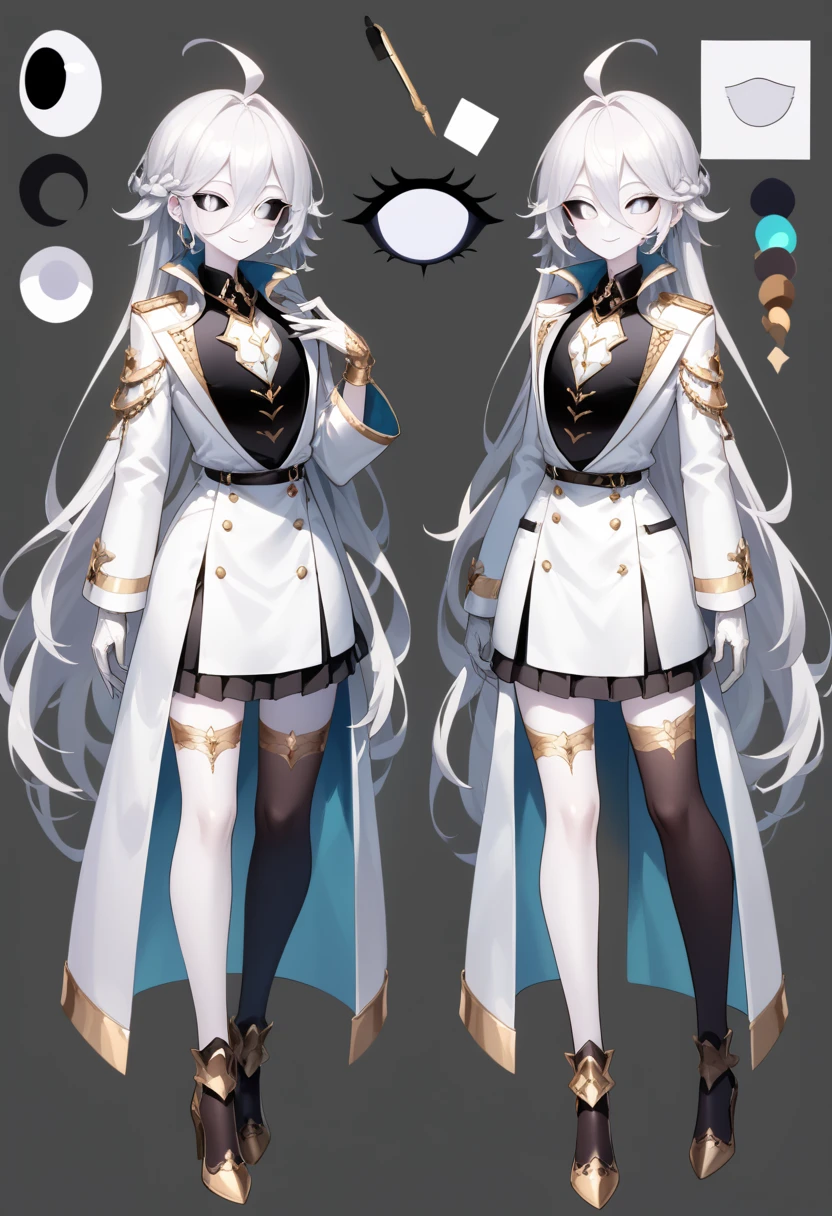 ((masterpiece)),(((best quality))),(character design sheet, same character, front, side, back), illustration, male,  big chest, feminine, white skin, white eyes, black sclera, ahoge, absurdly long hair, white hair, white gloves, hair over eyes, hair between eyes, (white jacket:1.1), Electric, energetic, mystical, playful, cute, dangerous, godlike, cute, concept art，character concept art，character sketch，Reference table，character sheet, like enitity, cute, cuddly, , small, powerful, smug, ((enigma)), confusing, eccentric, chaotic,  fansty, traveler, adventurer. nfsw.