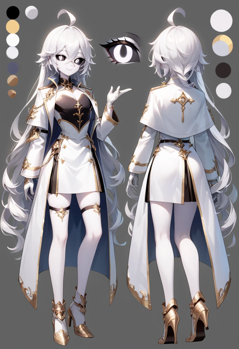 ((masterpiece)),(((best quality))),(character design sheet, same character, front, side, back), illustration, male,  big chest, feminine, white skin, white eyes, black sclera, ahoge, absurdly long hair, white hair, white gloves, hair over eyes, hair between eyes, (white jacket:1.1), Electric, energetic, mystical, playful, cute, dangerous, godlike, cute, concept art，character concept art，character sketch，Reference table，character sheet, like enitity, cute, cuddly, , small, powerful, smug, ((enigma)), confusing, eccentric, chaotic,  fansty, traveler, adventurer. nfsw.