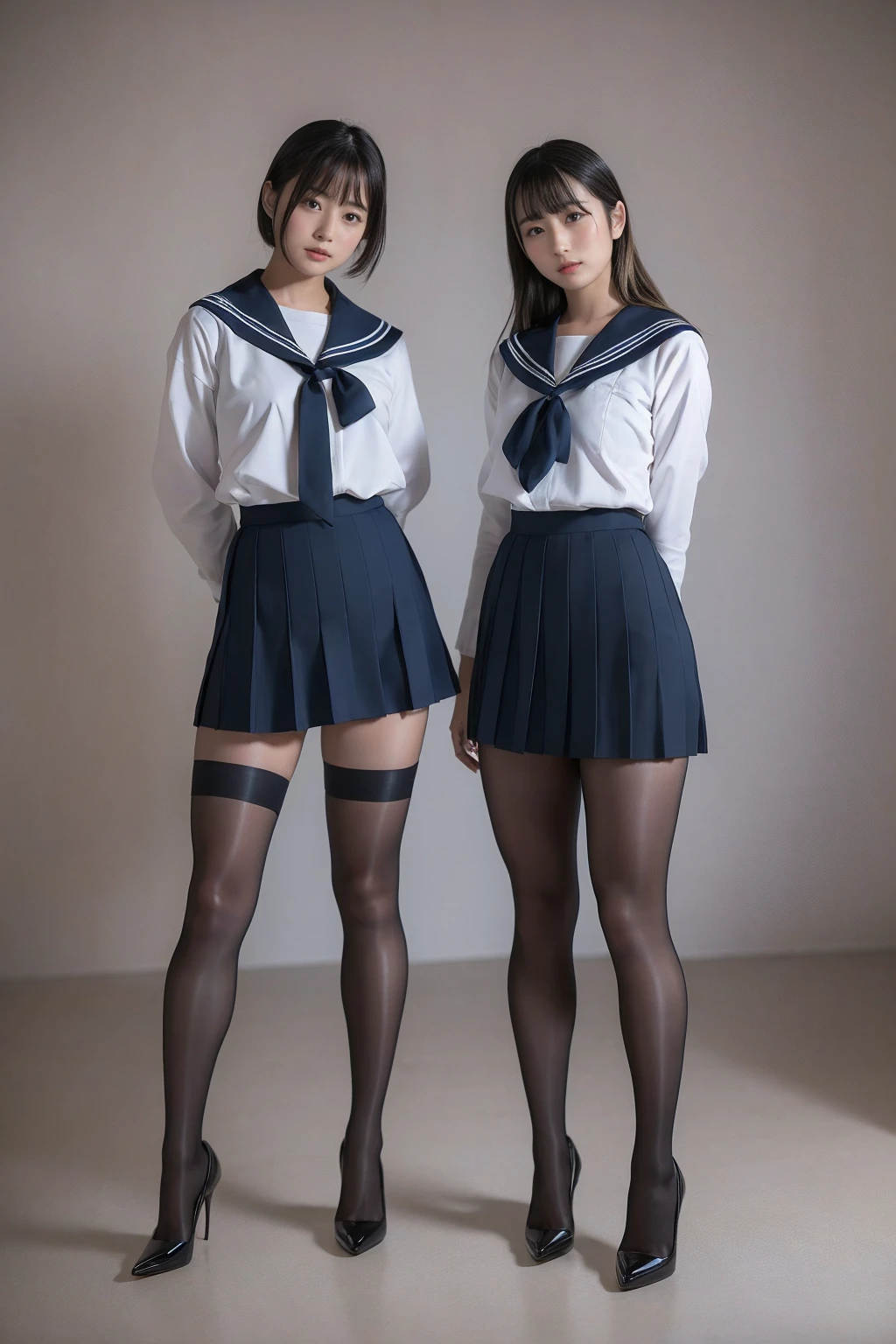 ( Closeup of two Japanese schoolgirls  ), ( standing facing you), ( She Always Wears Black Tights .),   full body photo 撮影,  High Quality , 16k, ( RAW photo:1.4),  high definition , ( Composition away from the subject), (顔から足首までの  full body photo ), ( perfect anatomy), 2 women, 24 years old, The sisters wear the same uniform,  Wears Navy Blue Sailor Suit and Micro Miniskirt ,  Full Body Shot of a Woman Wearing an Extra Small Miniskirt and Unreinforced Black Tights,(8k), (最 High Quality : 1.5),  very detailed, Big Breasts,  clevis on a stone, (  full body photo ), Large build, ( Super Short Tight Miniskirt Sailor Uniform ), (Super cute face), ( blonde alone),  short hair, Glare, Make a frown, Looking down from here, Stand in the middle of the hallway, ( Light Grey Background Studio ), (Glamorous Black Tights ), (High Heels Thick Soled High Heels ),  simple uniform , (タイトミニスカートはVery short), ( very thick thighs:1.2), (  very long legs  :1.4), (Lack of firmness and gloss), (Very short), ( black tights that shine like oil ) , ( wear high heels), ( very thick thighs) ,(  very long legs  ), ( very thick thighs), (Plump legs)