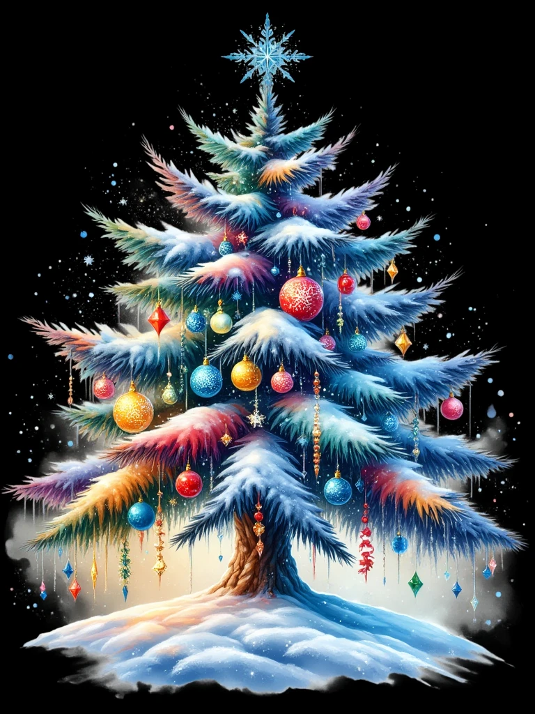 Number literally “2025” Christmas tree blue yellow red balls, night in the snow, snow, snowdrifts, diamond scattering, Stardust, luminescence, fluorescence, rainbow paints, glitter beauty, bright, juicy, computer graphics 2025 49360k 5d