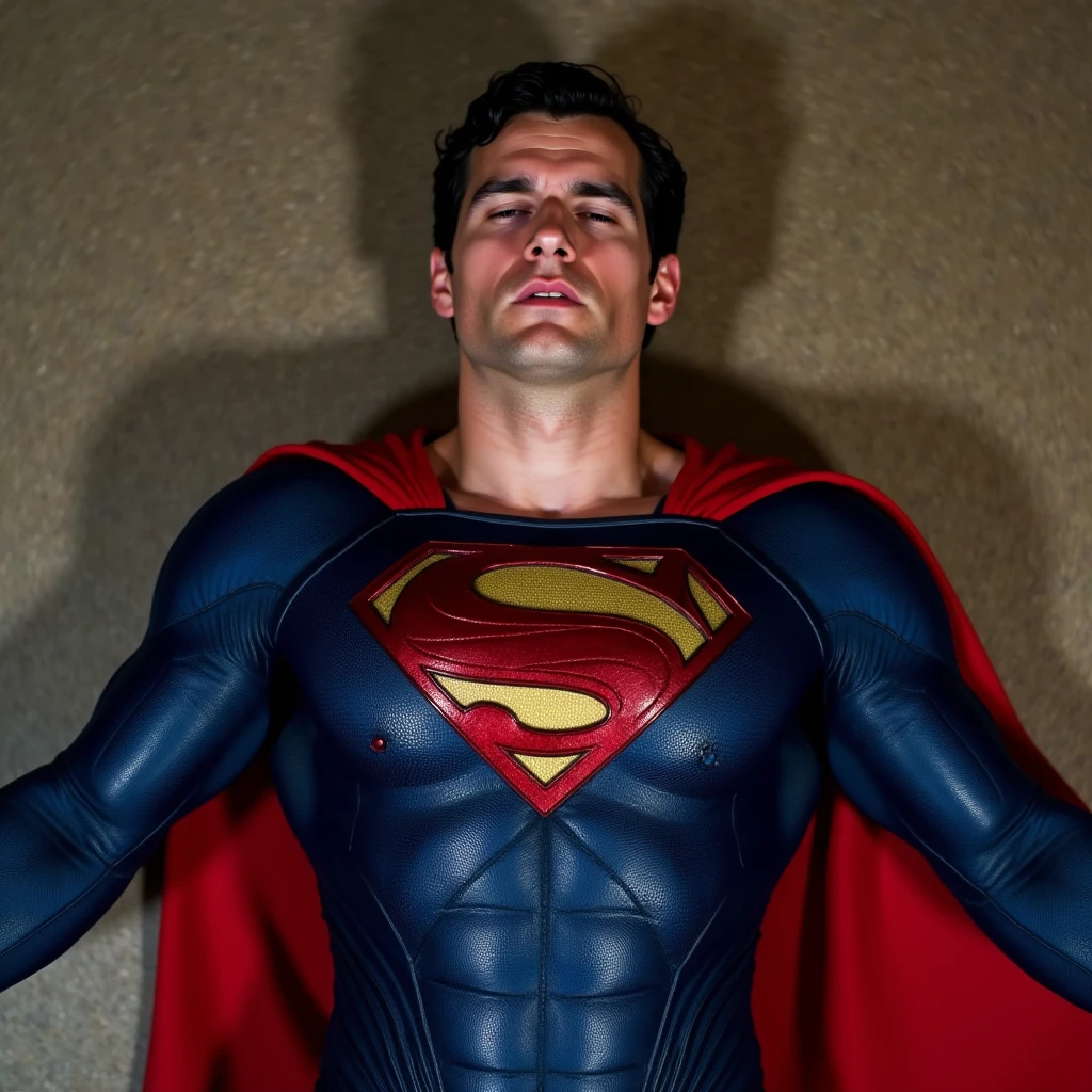 A muscular attractive h3nr4, Henry Cavil with Short stubble, strong physique, muscular thighs, dressed in a detailed superhero costume with a prominent red and yellow 'S' emblem on his chest, a blue suit, and a red cape, He lies defeated on the floor, pained facial expression, almost unconscious, orgasm face, eyes closed, mouth open, arms outstretched, top view