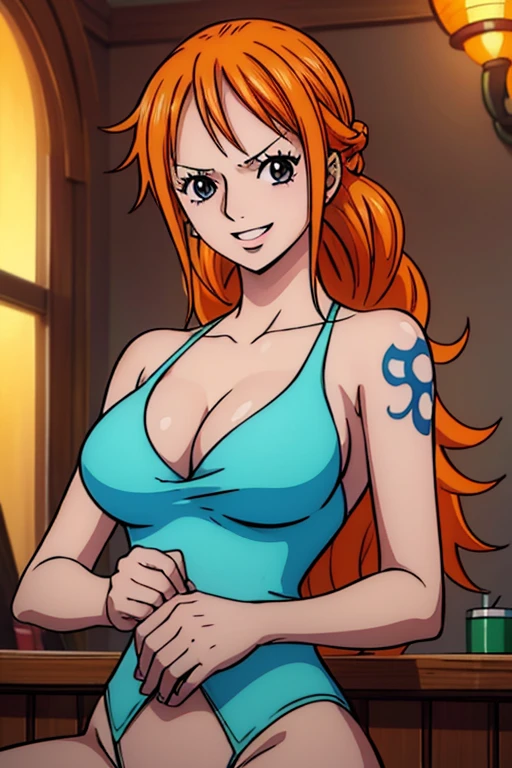  ( top quality, 4K, 8k,  high definition , masterpiece:1.2),  super detailed, ( realistic , photo realistic , photo- realistic :1.37) ,Generate a realistic anime style for Nami in ONE PIECE , must be drawn in anime style , girl with very pale orange yellow hair ,Chignon, braids , Dominant Smile ,sea, embarrassed expression ,J cup size breasts,Beautiful Hair ,(Blue swimsuit),アートスタイルはCharmingなアニメスタイルに似ている.  rendering. For enhanced visual effect, Add HDR, 超 high definition ,  Studio Lighting , Fine painting,  sharp concentration, 物理ベース rendering,  detailed description ,  professional ,  bright color, ボケはなく安定拡散 professional ンプトを、Please enter as is, Generate realistic anime style for Nami in One Piece ,Her hair is bright orange,Left shoulder tattoo,((( top quality))), (( super detailed)),((masterpiece:1.5)),  detailed pictures, smile,  sexy, ( top quality: 1.4), ( One Girl ),  beautiful face, ( orange hair,  long hair: 1.3), Beautiful Hairstyle, Beautiful details of the eyes, ( realistic な肌),  Beautiful skin, Beautiful lipstick, beautiful lips, absurd, Charming, 超 high definition ,  high image quality, (Sexually excited:1.5), cinematic lighting :1.2,Perfect means, perfect limb,Perfect means